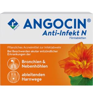 ANGOCIN® Anti-Infekt N Hier sieht man eine Packung von ANGOCIN® Anti Infekt N. Das ist ein pflanzliches Arzneimittel aus Kapuzinerkresse und Meerrettich. Es wird bei Blasenentzündungen und Erkältungen eingesetzt.