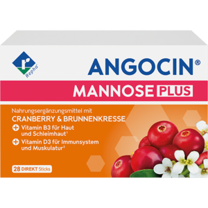 ANGOCIN MANNOSE PLUS Packung Hier sieht man die Packung des Nahrungsergänzungsmittels ANGOCIN MANNOSE PLUS