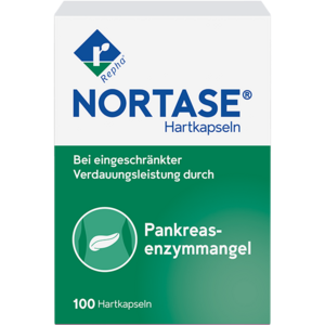 NORTASE® Hier sieht man die Packung des Arzneimittels NORTASE. Es wird eingesetzt zum Ersatz von Verdauungsenzymen bei Maldigestion (Verdauungsschwäche) infolge einer gestörten Funktion der Bauchspeicheldrüse.